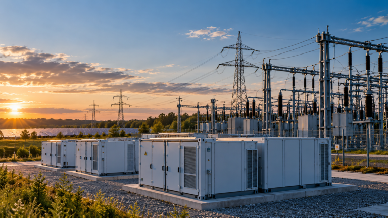 Magazyny energii przy stacji elektroenergetycznej z infrastrukturą sieciową i liniami przesyłowymi.