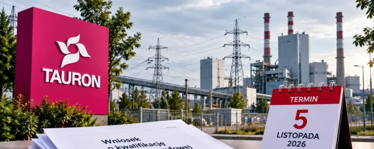 Grafika przedstawiająca zakład przemysłowy TAURON, wniosek o kwalifikację do nowej grupy taryfowej i kalendarz z terminem 5 listopada 2026 r.